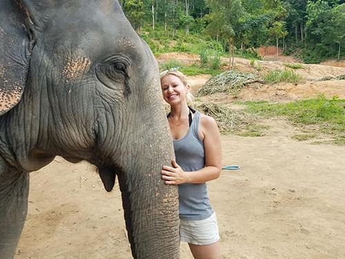 female zookeeper assistant with her hand on the trunk of an elephant