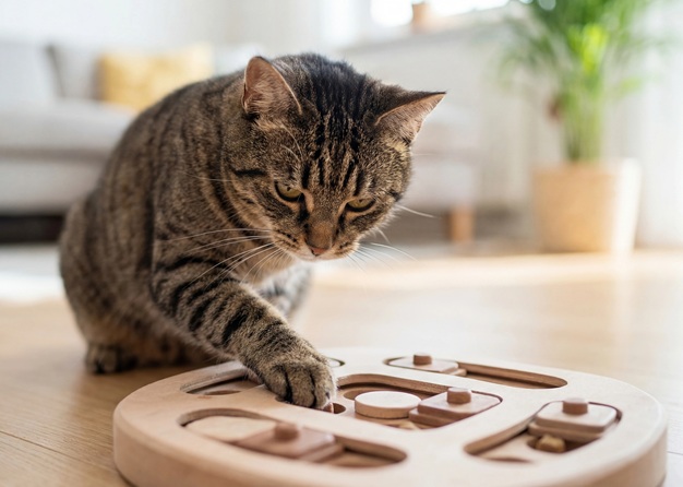 Cat using a puzzle feeder